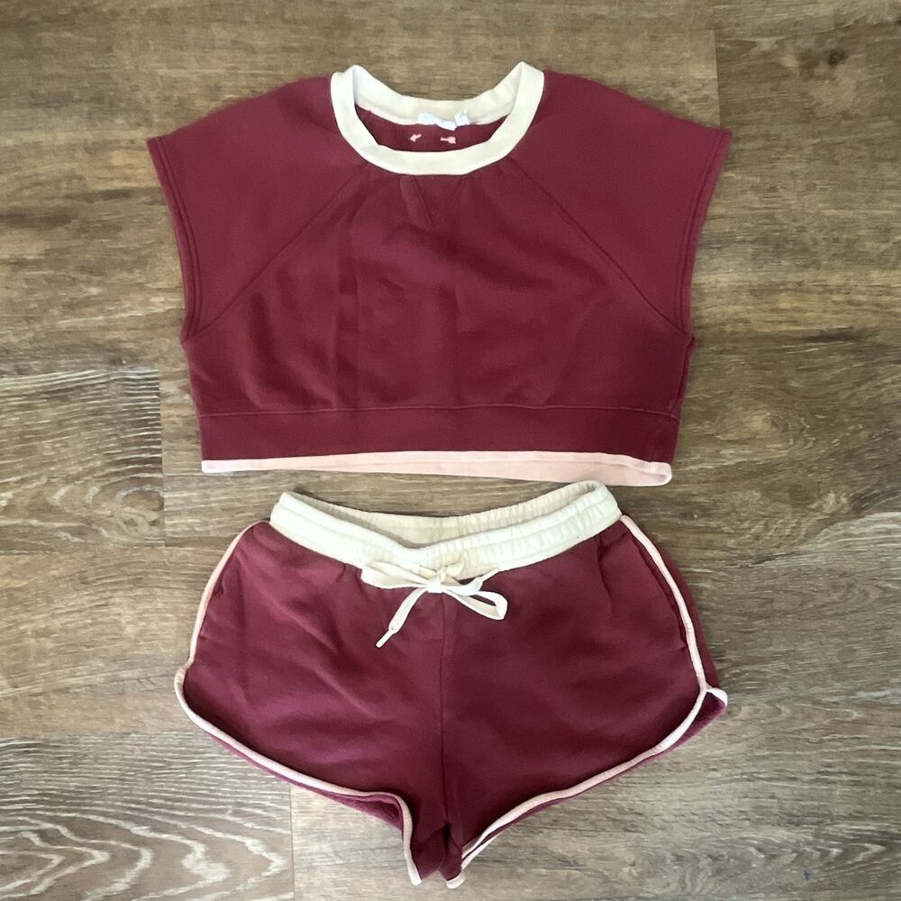 The Upside XS Burgundy/Cream 2pc Sleeveless Crewneck Sweatshirt & Shorts